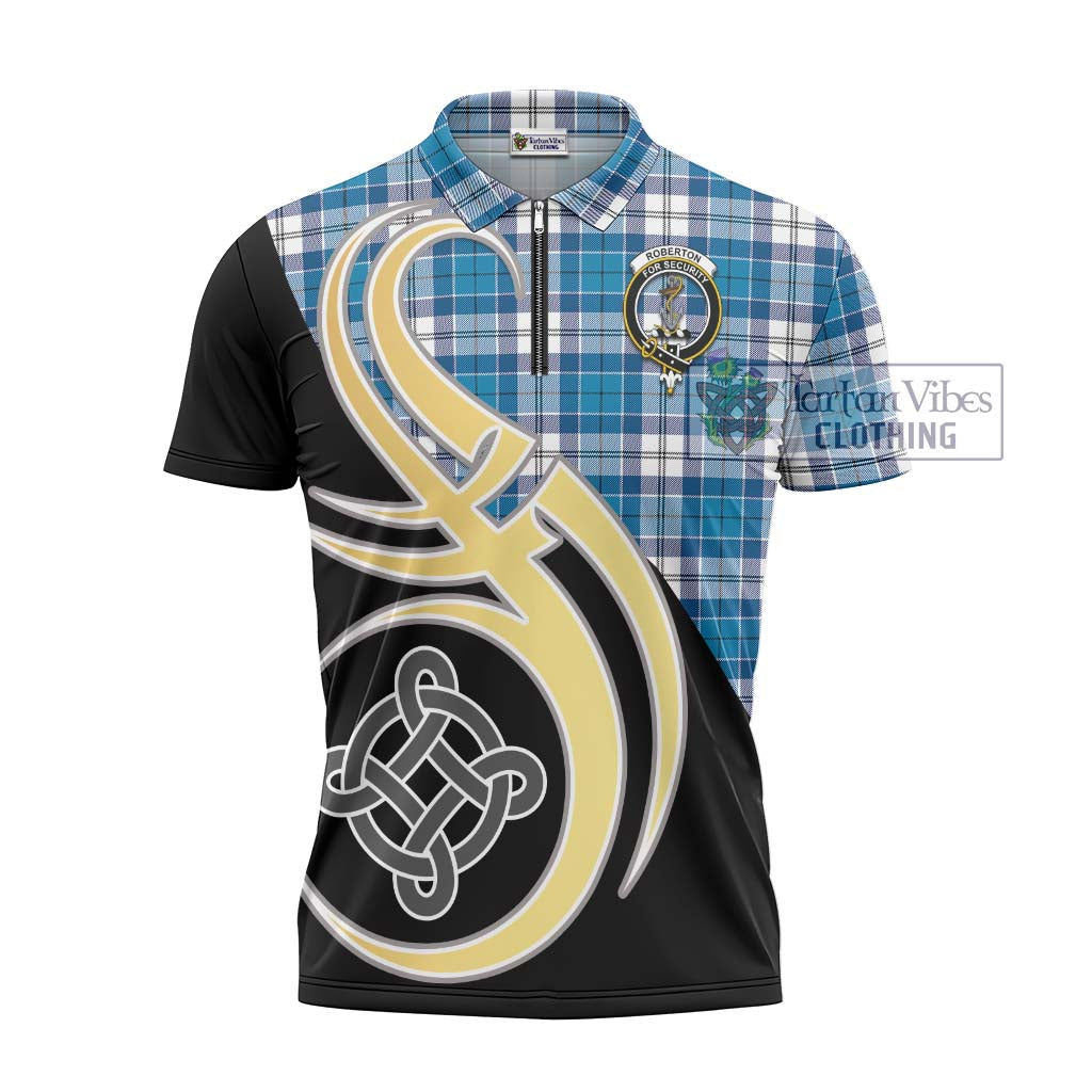 Tartan Vibes Clothing Roberton Tartan Zipper Polo Shirt with Family Crest and Celtic Symbol Style