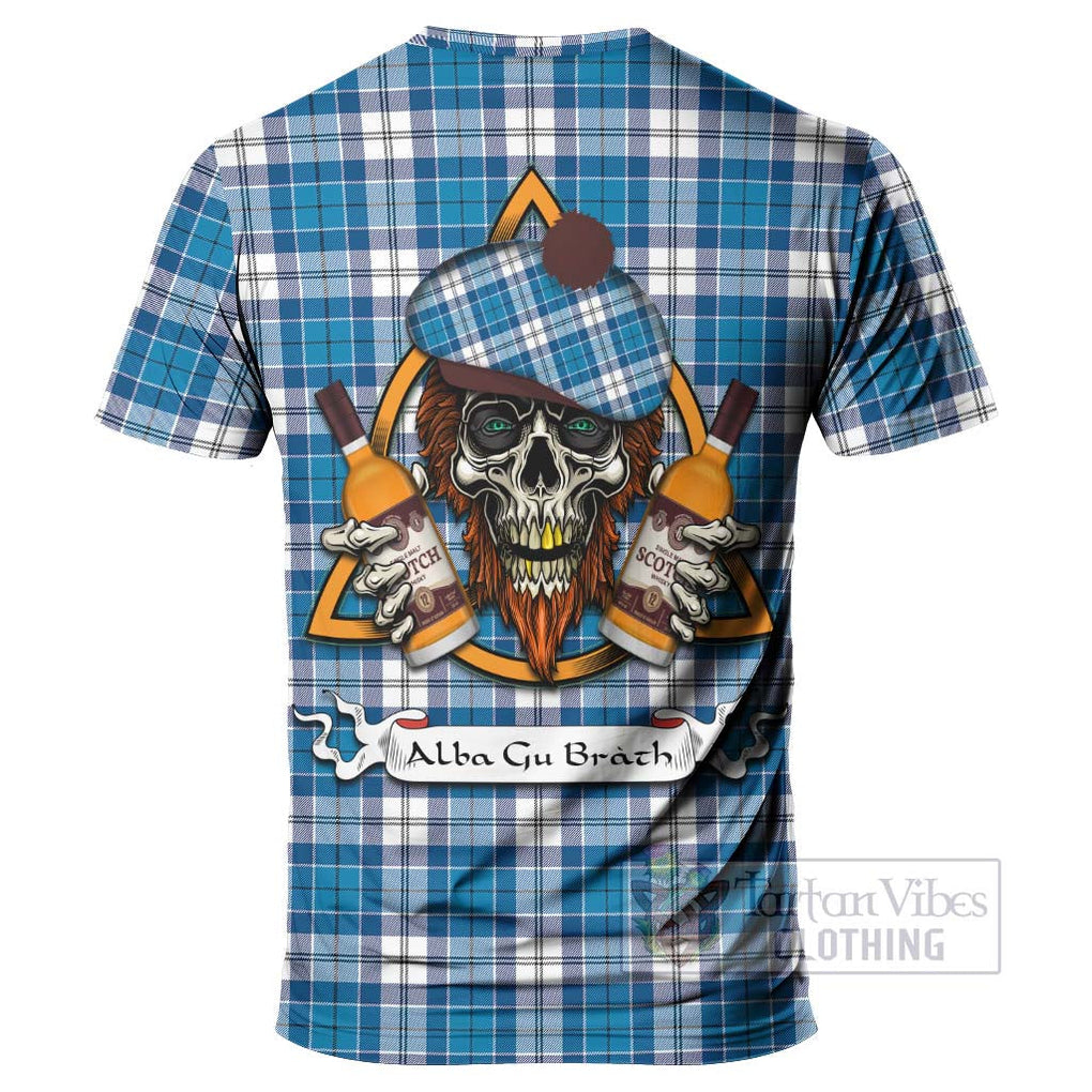 Tartan Vibes Clothing Roberton Tartan T-Shirt with Family Crest and Bearded Skull Holding Bottles of Whiskey