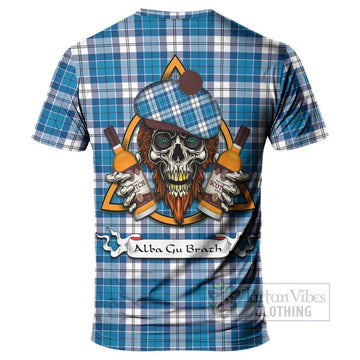 Roberton Tartan T-Shirt with Family Crest and Bearded Skull Holding Bottles of Whiskey