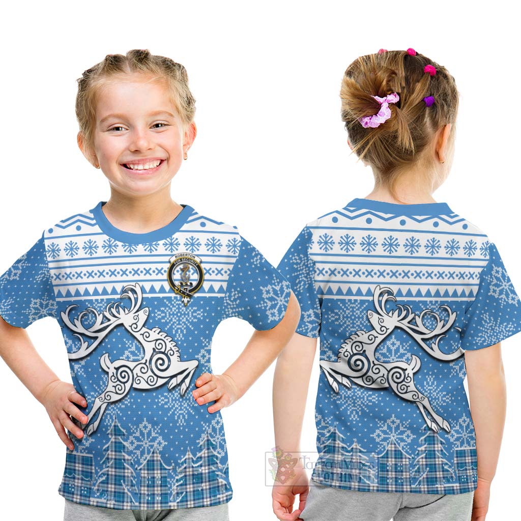 Tartan Vibes Clothing Roberton Clan Christmas Kid T-Shirt Celtic Reindeer Style