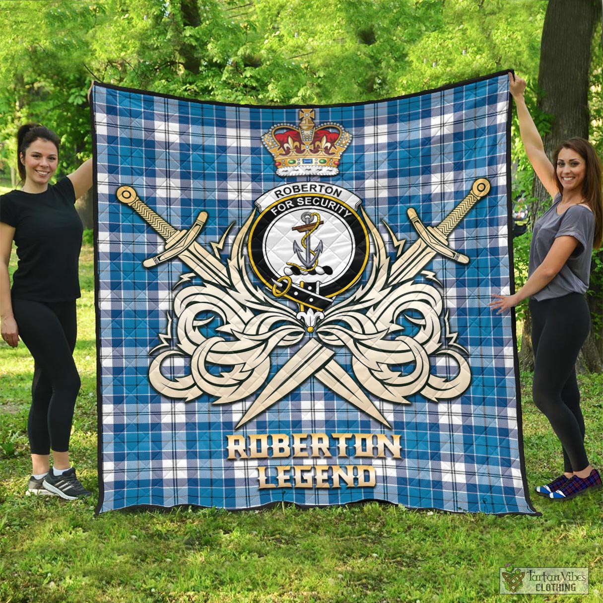 Tartan Vibes Clothing Roberton Tartan Quilt with Clan Crest and the Golden Sword of Courageous Legacy