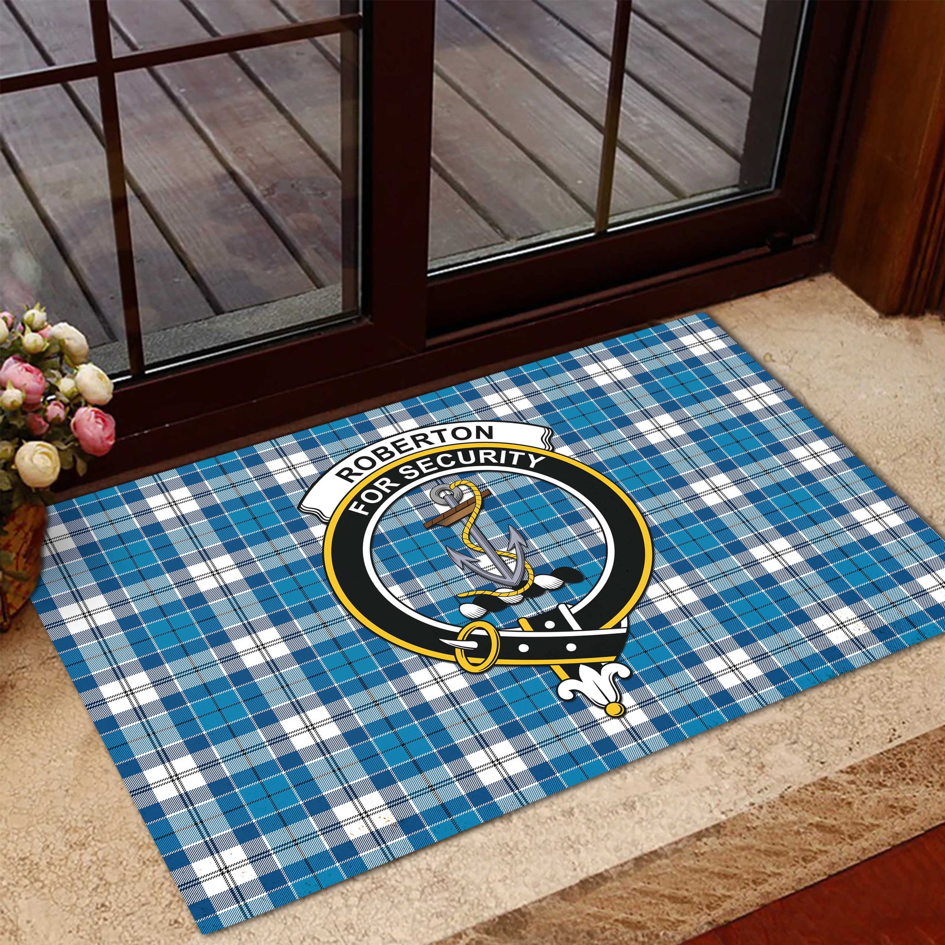 Roberton Tartan Door Mat with Family Crest - Tartanvibesclothing Shop