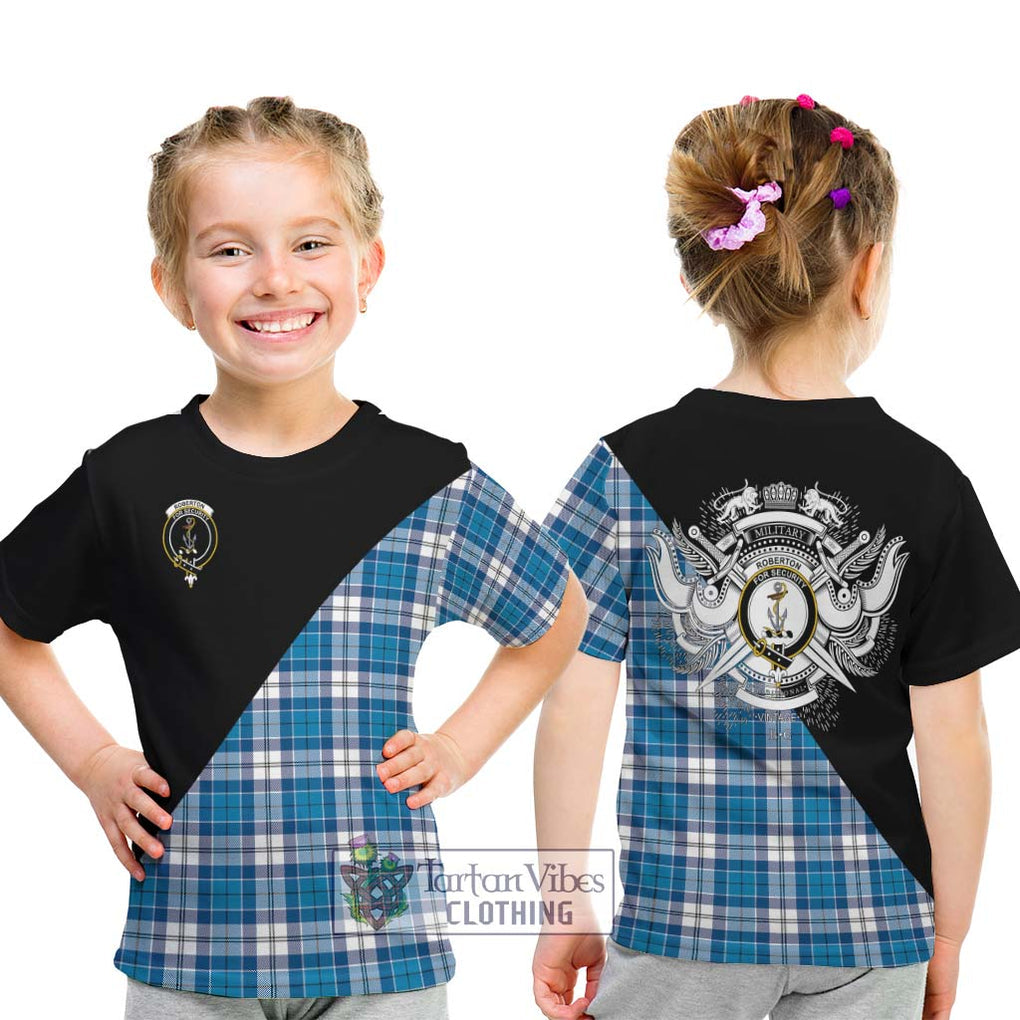 Roberton Tartan Kid T-Shirt with Family Crest and Military Logo Style - Tartanvibesclothing Shop