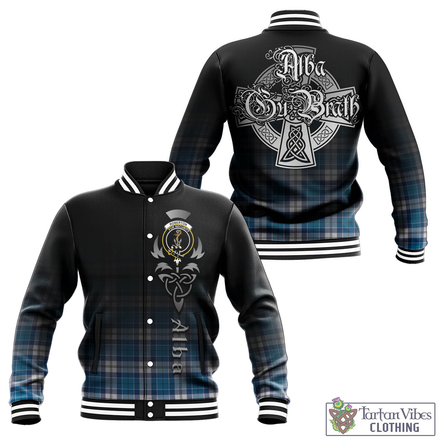 Tartan Vibes Clothing Roberton Tartan Baseball Jacket Featuring Alba Gu Brath Family Crest Celtic Inspired