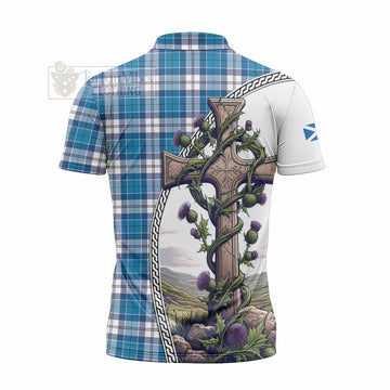 Roberton Tartan Zipper Polo Shirt with Family Crest and St. Andrew's Cross Accented by Thistle Vines - Tartan Vibes Clothing