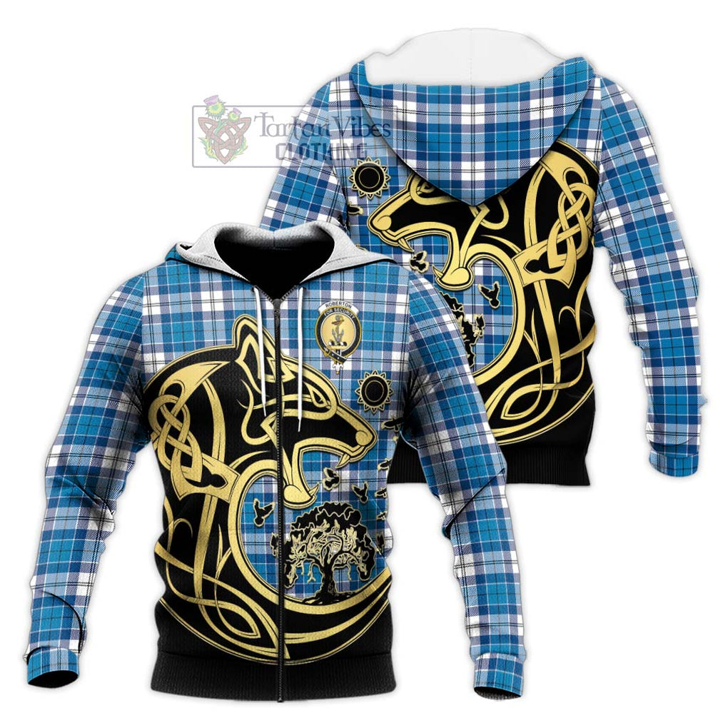 Roberton Tartan Knitted Hoodie with Family Crest Celtic Wolf Style Unisex Knitted Zip Hoodie - Tartan Vibes Clothing