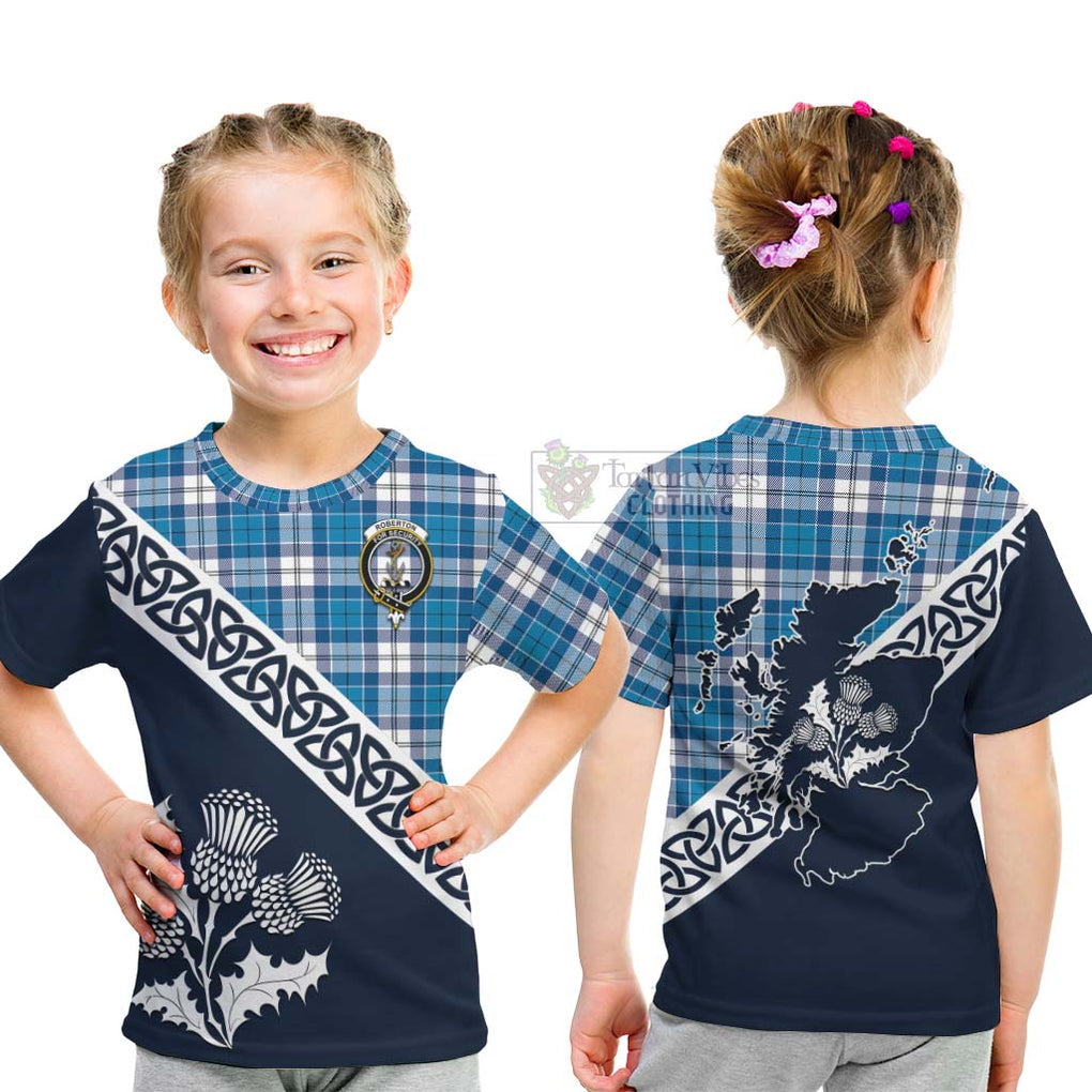 Tartan Vibes Clothing Roberton Tartan Kid T-Shirt Featuring Thistle and Scotland Map