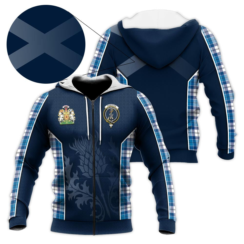 Tartan Vibes Clothing Roberton Tartan Knitted Hoodie with Family Crest and Scottish Thistle Vibes Sport Style