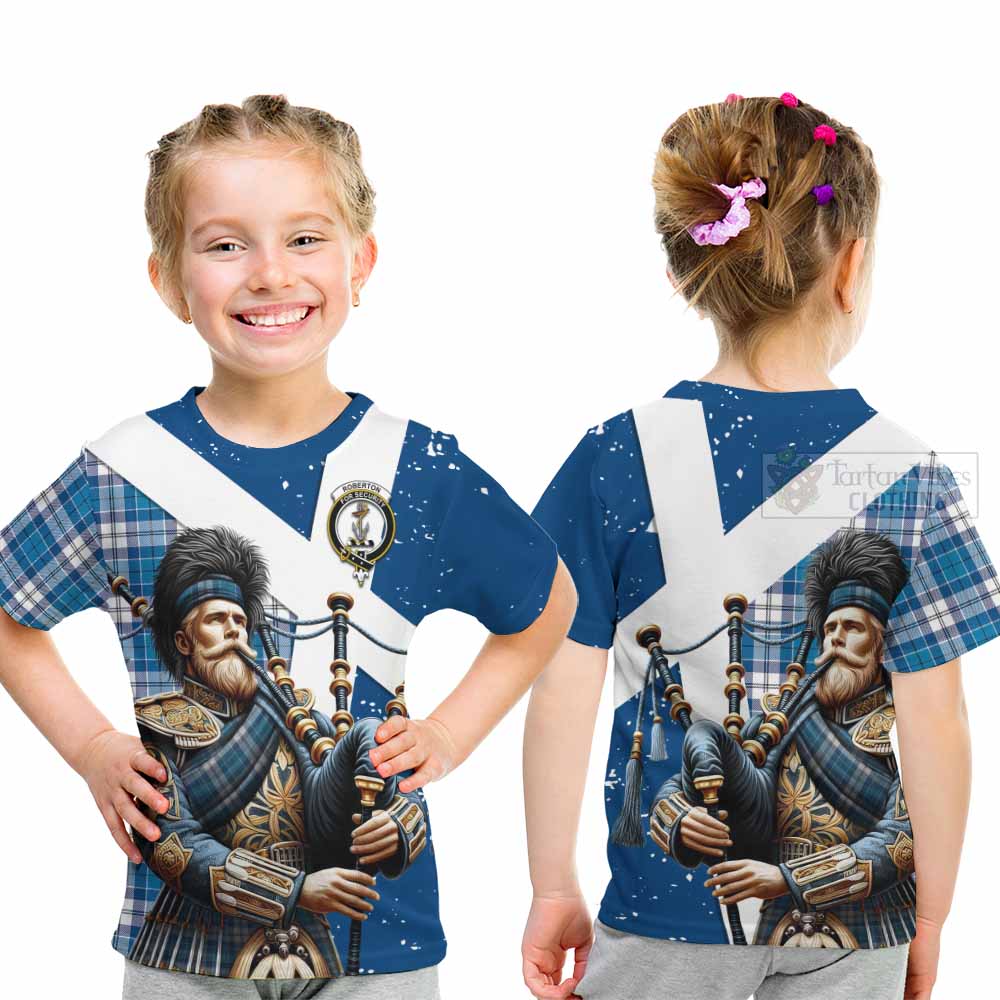 Tartan Vibes Clothing Roberton Tartan Kid T-Shirt with Family Crest Scottish Bagpiper Vibes