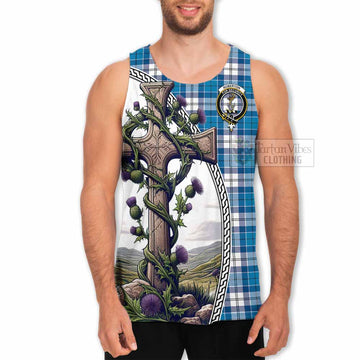 Roberton Tartan Men's Tank Top with Family Crest and St. Andrew's Cross Accented by Thistle Vines