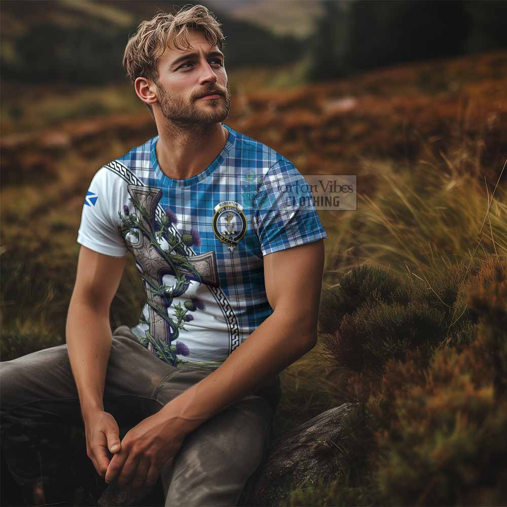 Tartan Vibes Clothing Roberton Agnew Tartan T-Shirt with Family Crest and St. Andrew's Cross Accented by Thistle Vines