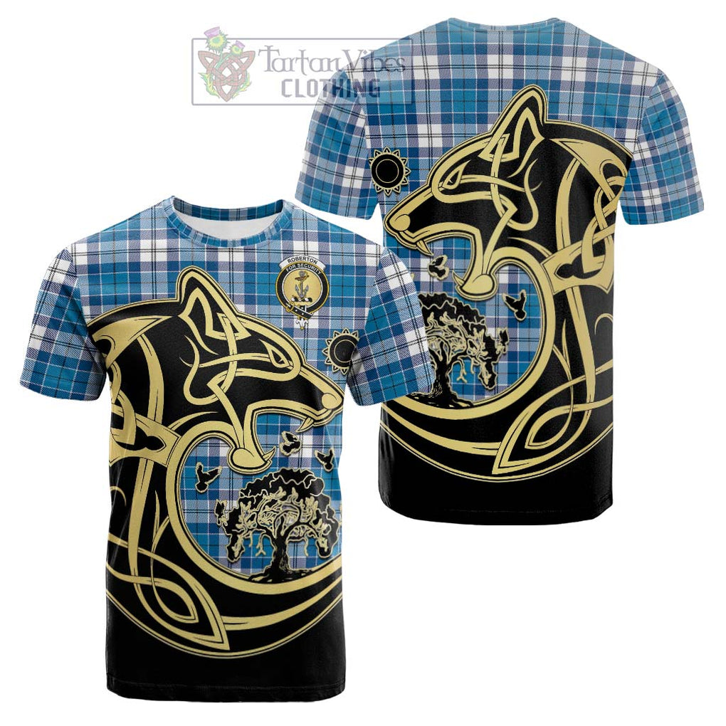 Tartan Vibes Clothing Roberton Tartan Cotton T-shirt with Family Crest Celtic Wolf Style