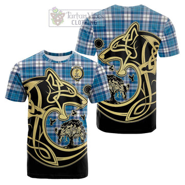 Roberton Tartan Cotton T-shirt with Family Crest Celtic Wolf Style