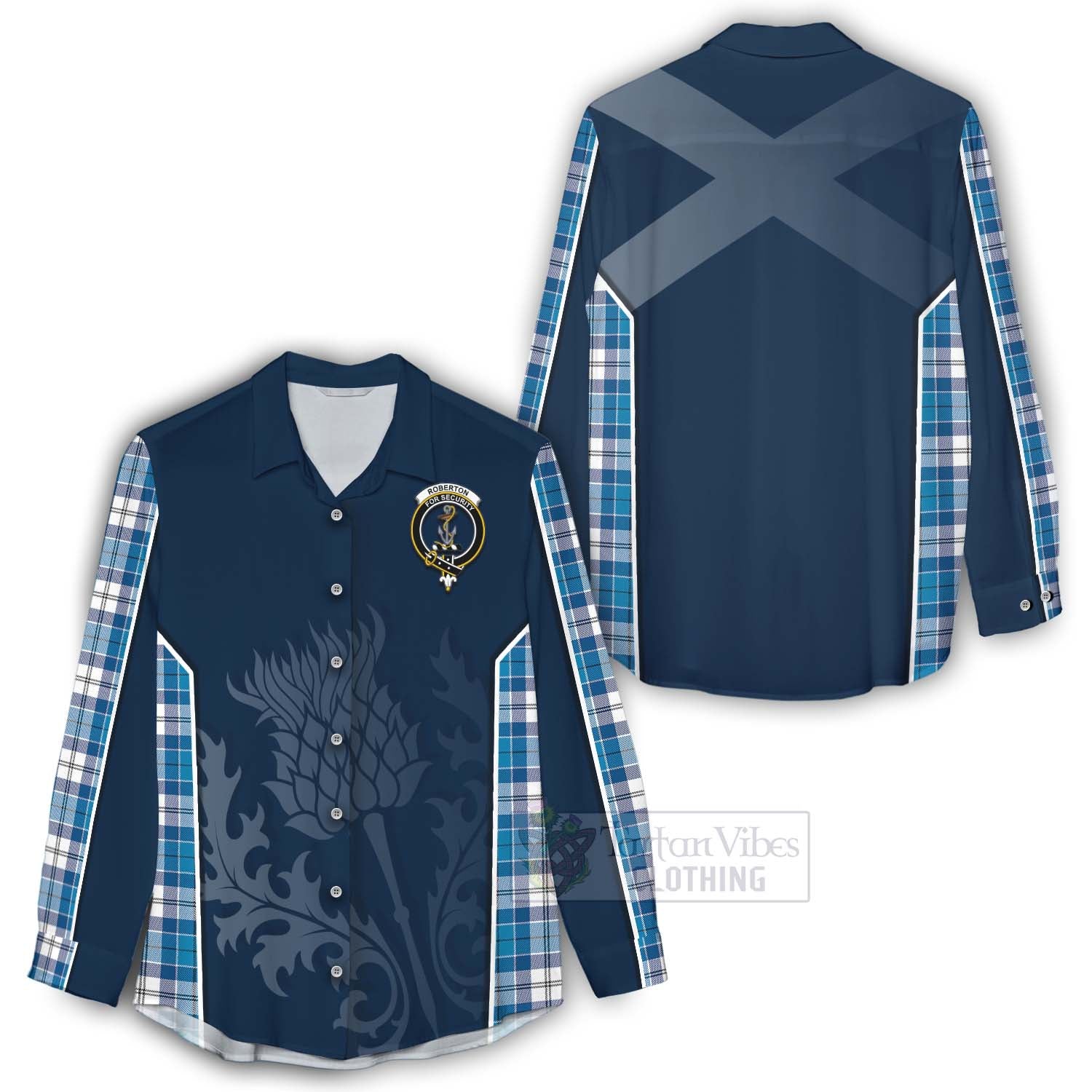 Tartan Vibes Clothing Roberton Tartan Women's Casual Shirt with Family Crest and Scottish Thistle Vibes Sport Style