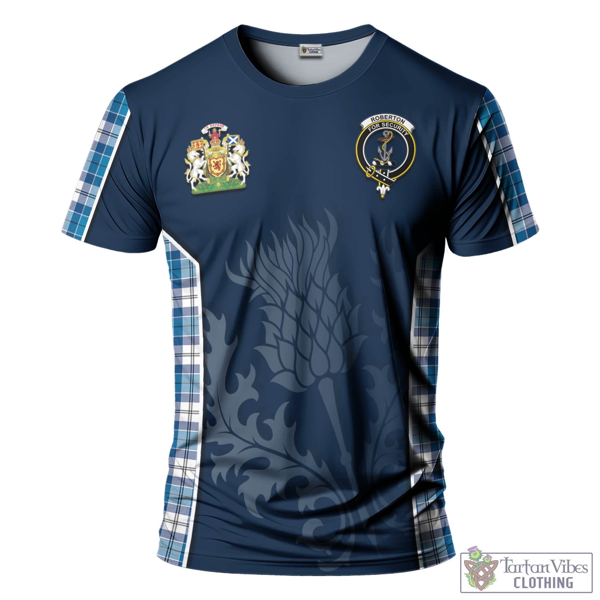 Tartan Vibes Clothing Roberton Tartan T-Shirt with Family Crest and Scottish Thistle Vibes Sport Style