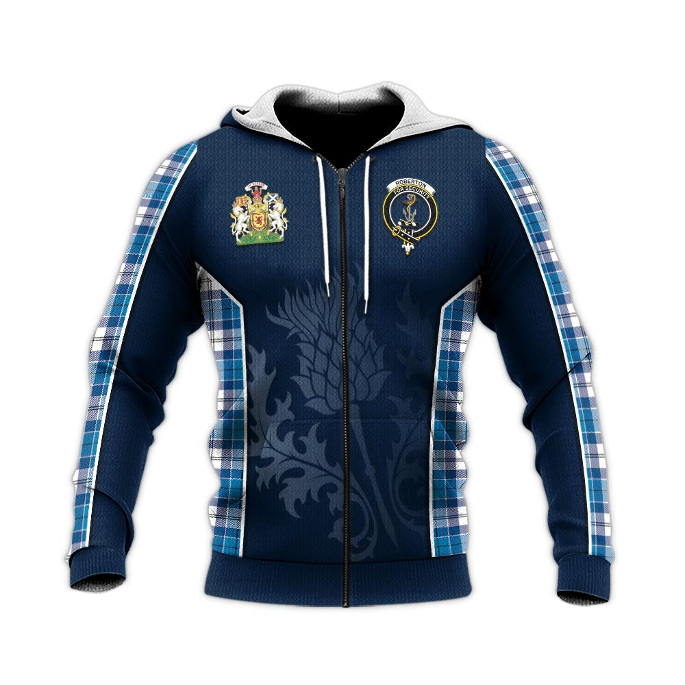 Tartan Vibes Clothing Roberton Tartan Knitted Hoodie with Family Crest and Scottish Thistle Vibes Sport Style