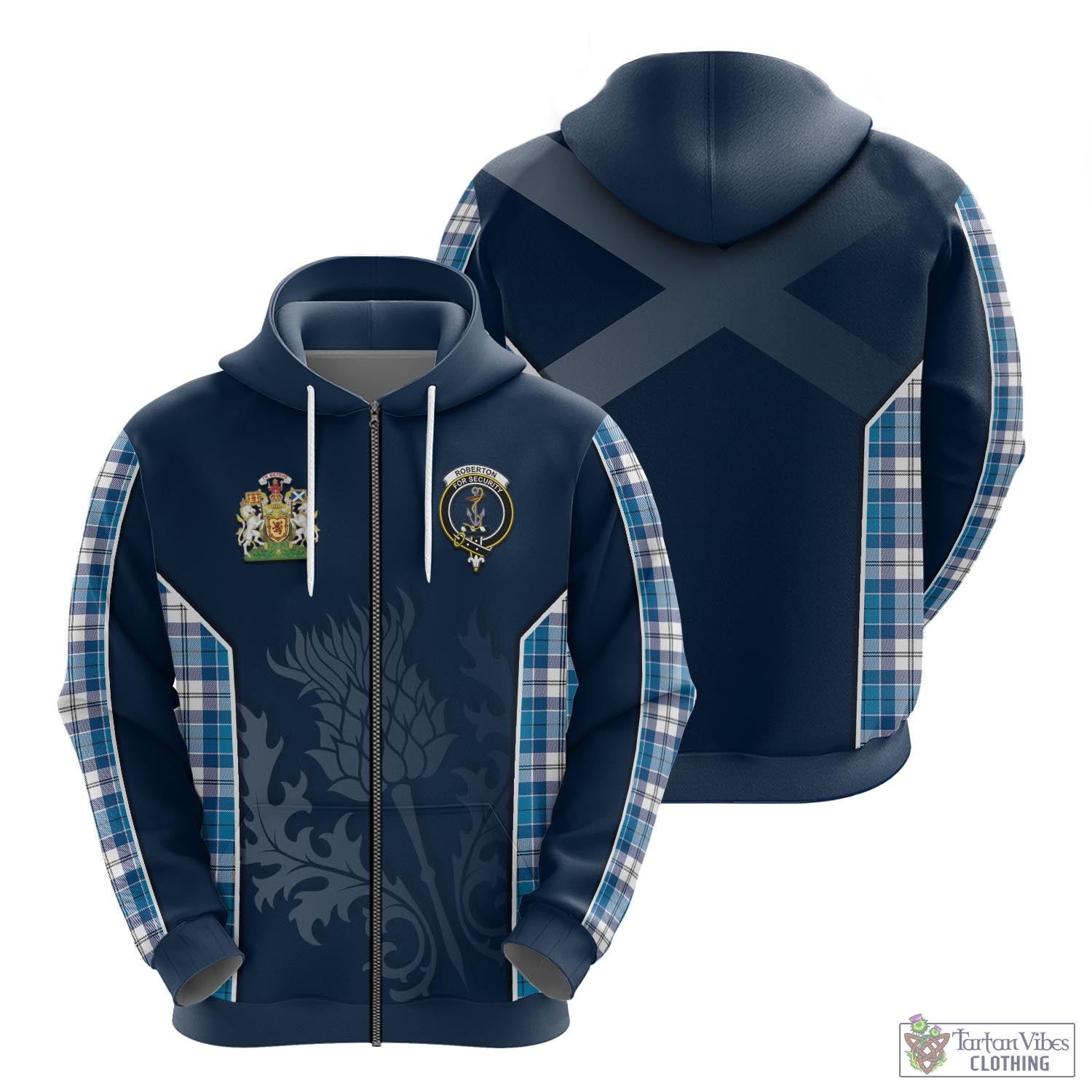 Tartan Vibes Clothing Roberton Tartan Hoodie with Family Crest and Scottish Thistle Vibes Sport Style