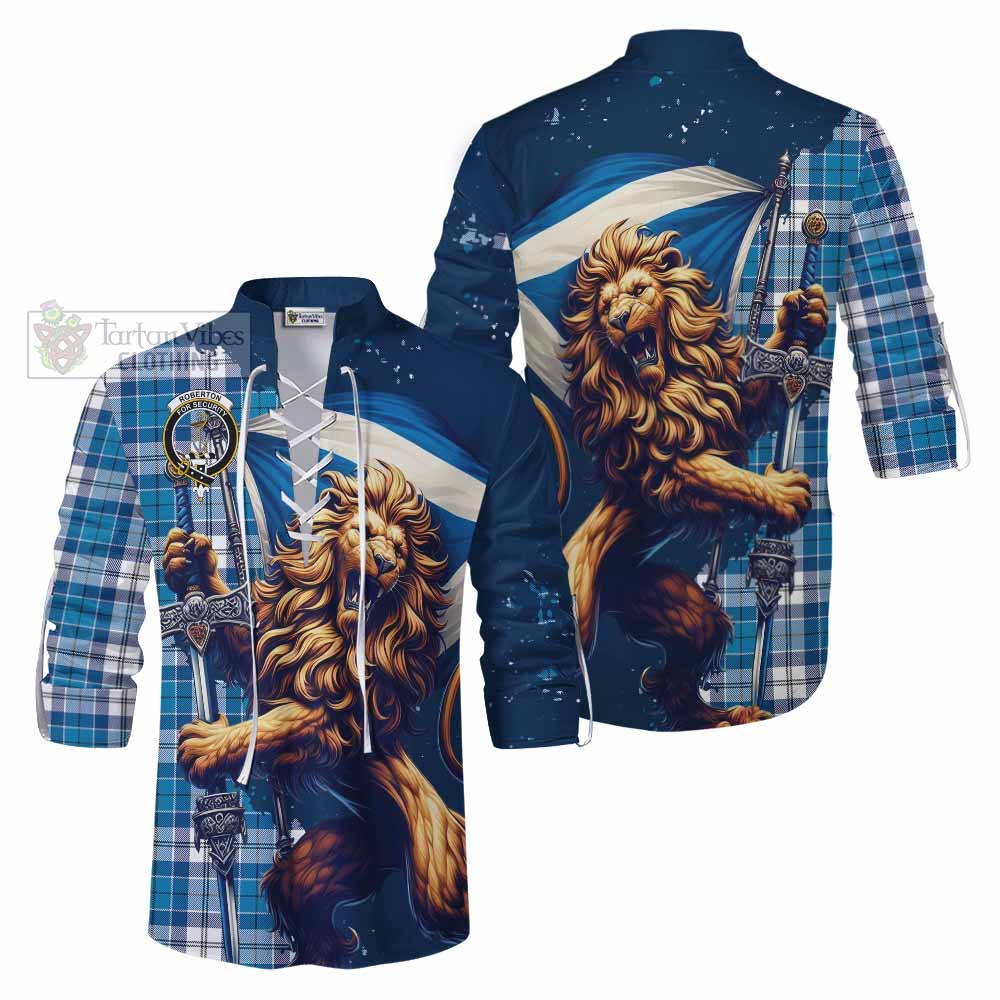 Tartan Vibes Clothing Roberton Tartan Family Crest Ghillie Kilt Shirt with Scottish Majestic Lion