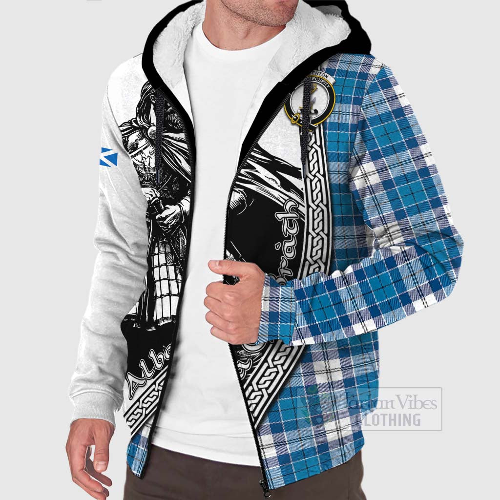 Tartan Vibes Clothing Roberton Tartan Clan Crest Sherpa Hoodie with Highlander Warrior Celtic Style