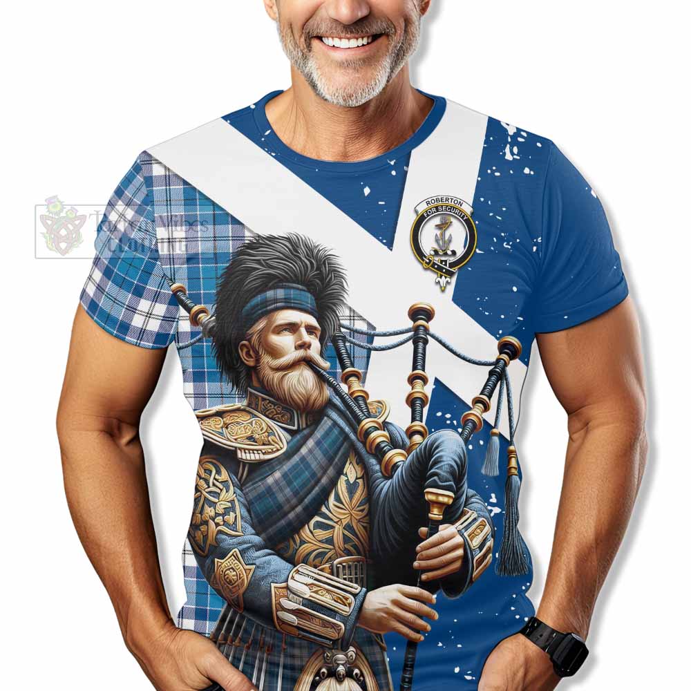 Tartan Vibes Clothing Roberton Tartan T-Shirt with Family Crest Scottish Bagpiper Vibes