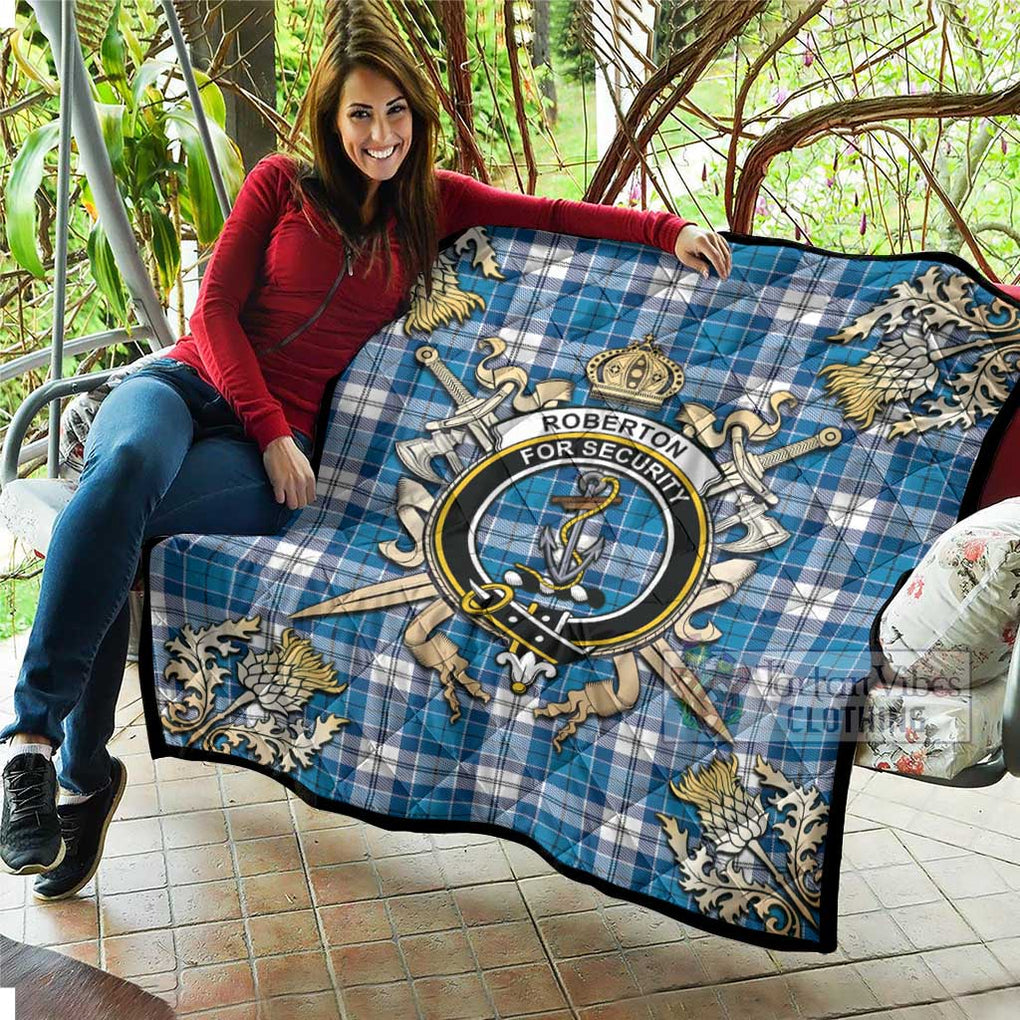 Tartan Vibes Clothing Roberton Tartan Quilt with Family Crest and Scottish Golden Courage Shield