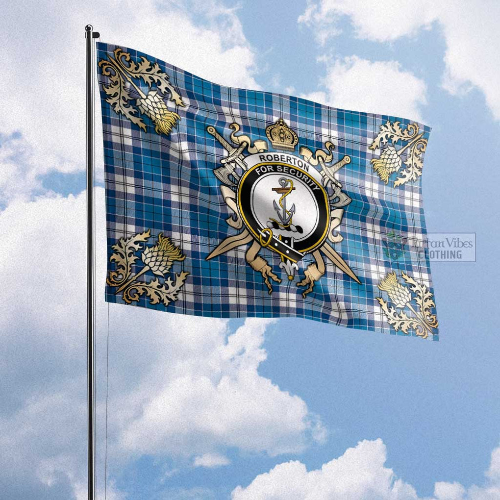 Tartan Vibes Clothing Roberton Tartan Flag with Family Crest and Golden Thistle Crossed Sword Design