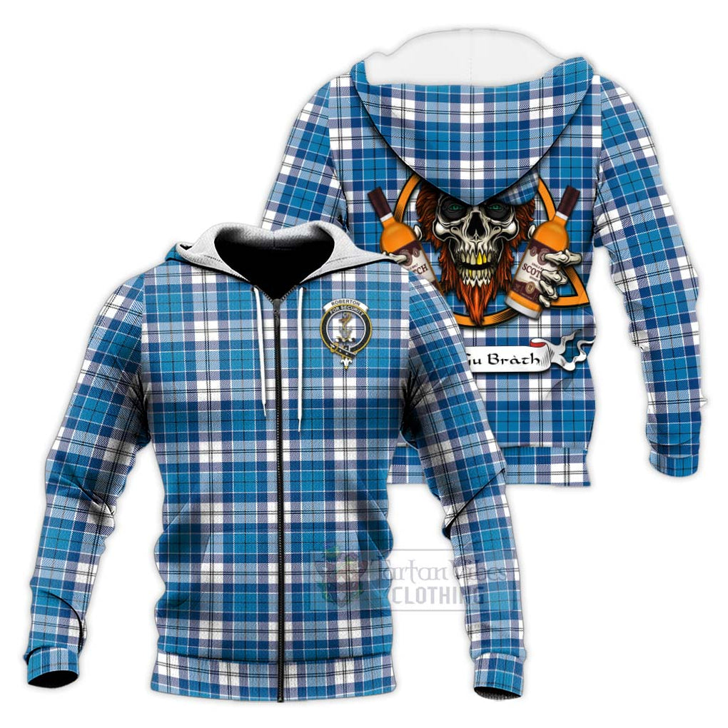 Tartan Vibes Clothing Roberton Tartan Knitted Hoodie with Family Crest and Bearded Skull Holding Bottles of Whiskey