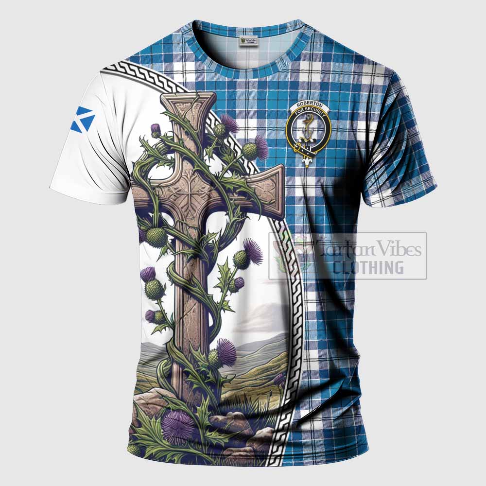 Tartan Vibes Clothing Roberton Agnew Tartan T-Shirt with Family Crest and St. Andrew's Cross Accented by Thistle Vines