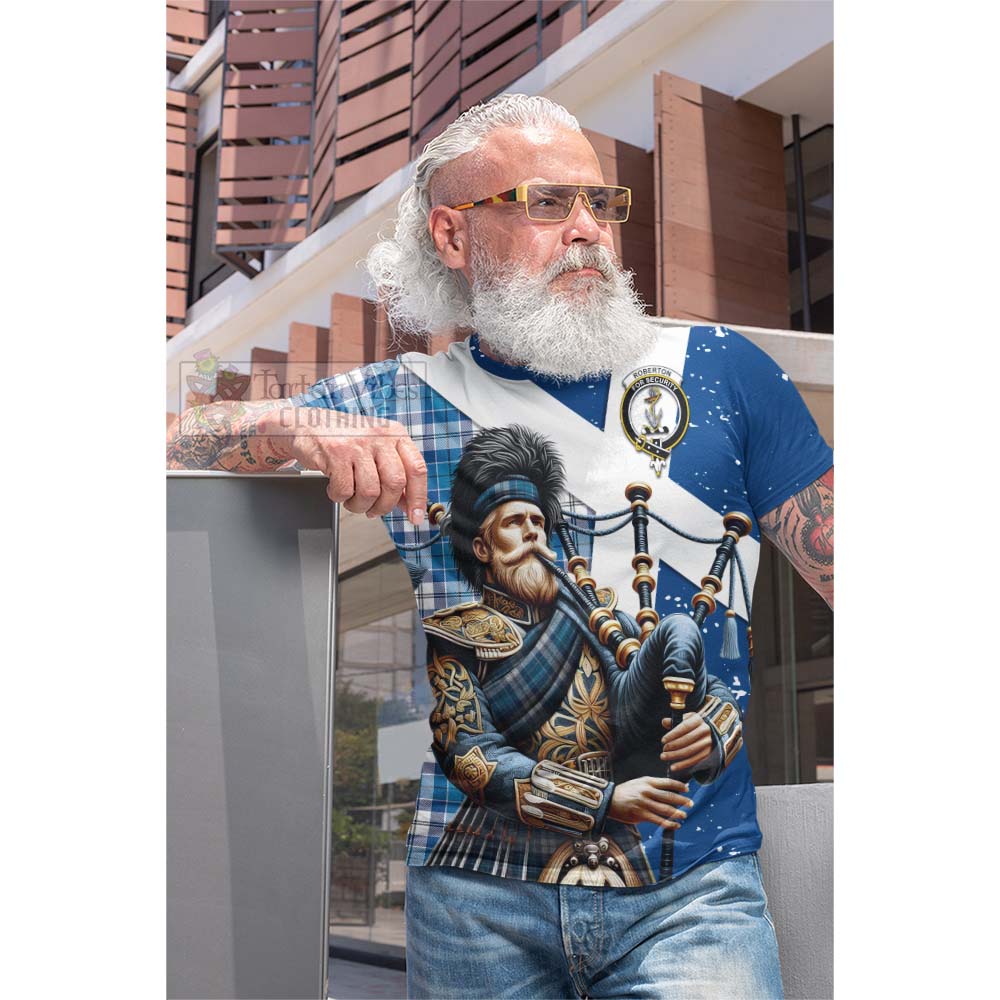 Tartan Vibes Clothing Roberton Tartan Cotton T-shirt with Family Crest Scottish Bagpiper Vibes