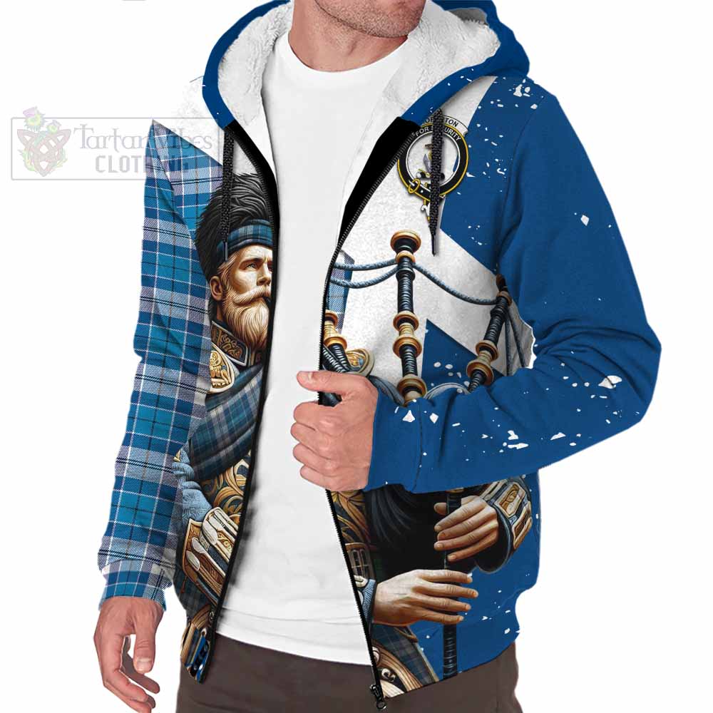 Tartan Vibes Clothing Roberton Tartan Sherpa Hoodie with Family Crest Scottish Bagpiper Vibes