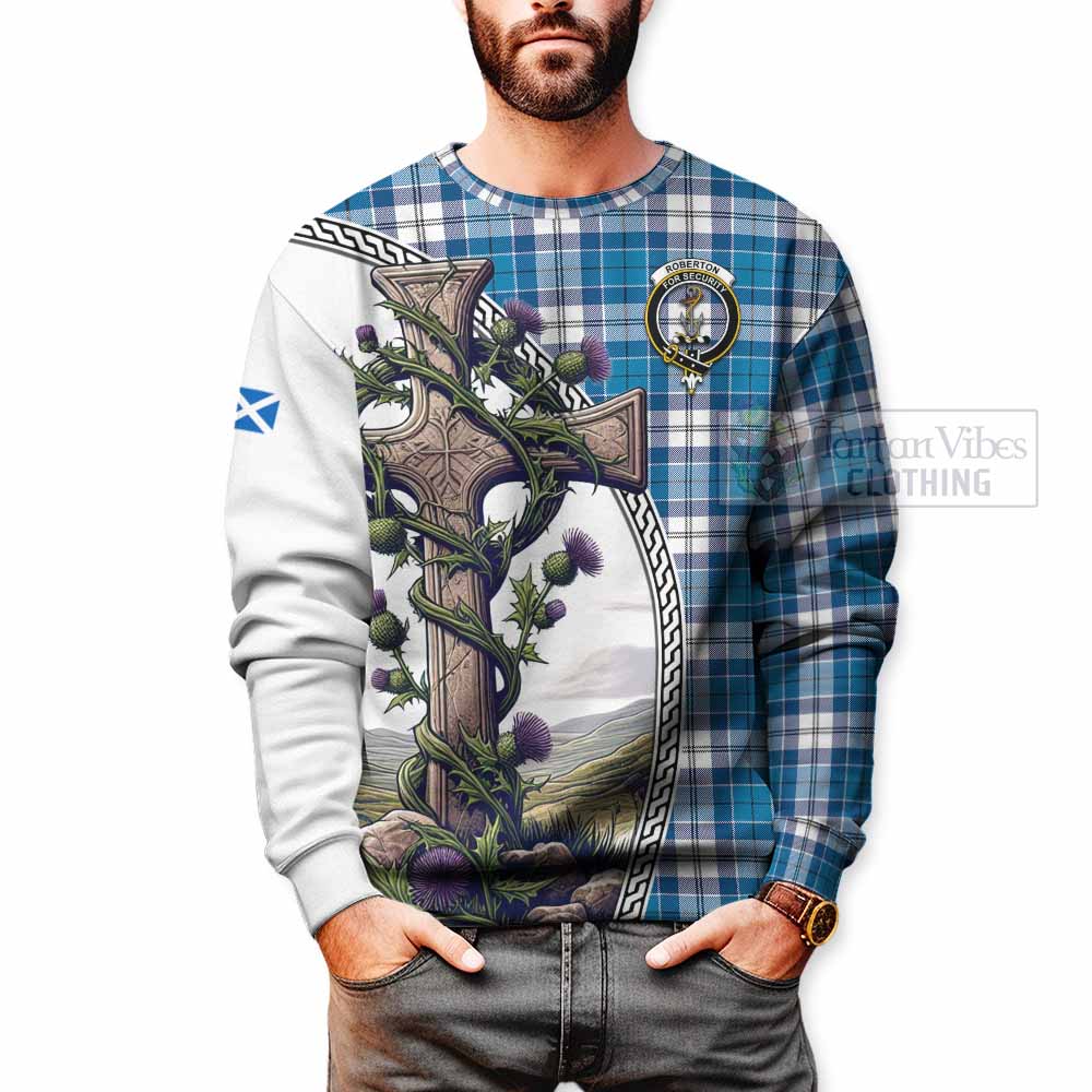 Tartan Vibes Clothing Roberton Tartan Sweatshirt with Family Crest and St. Andrew's Cross Accented by Thistle Vines