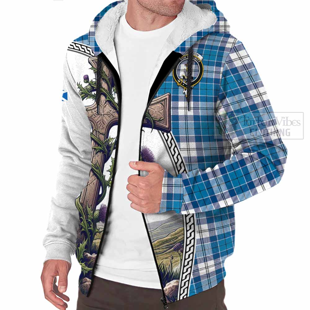 Tartan Vibes Clothing Roberton Tartan Sherpa Hoodie with Family Crest and St. Andrew's Cross Accented by Thistle Vines