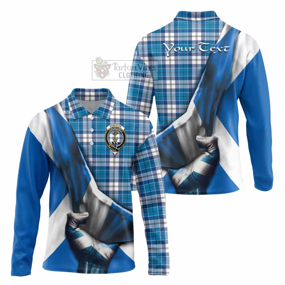 Tartan Vibes Clothing Roberton Tartan Long Sleeve Polo Shirt with Family Crest Scotland Patriotic Style