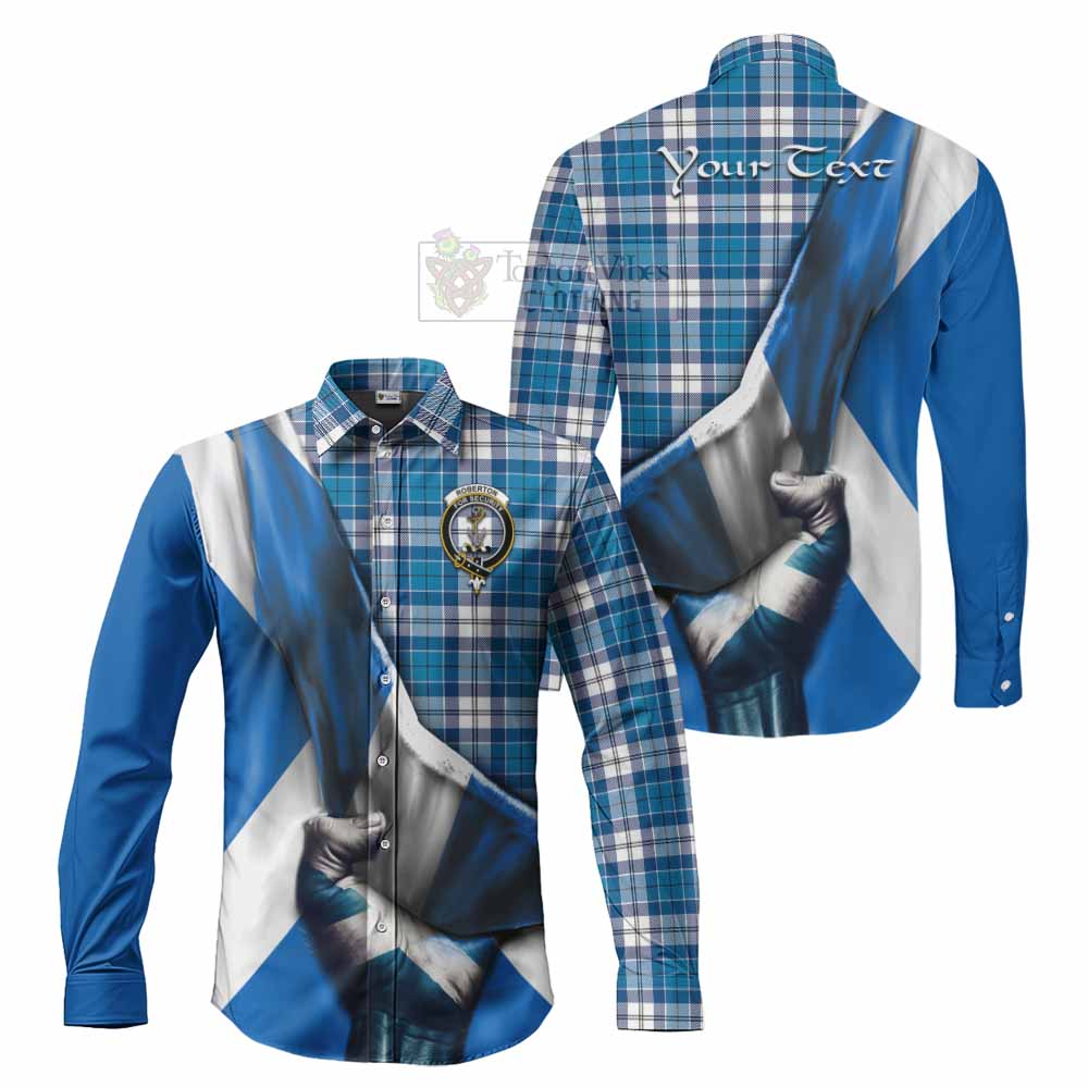 Tartan Vibes Clothing Roberton Tartan Long Sleeve Button Shirt with Family Crest Scotland Patriotic Style