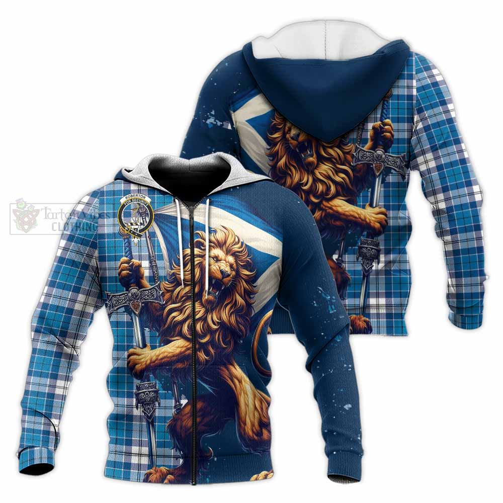 Tartan Vibes Clothing Roberton Tartan Family Crest Knitted Hoodie with Scottish Majestic Lion