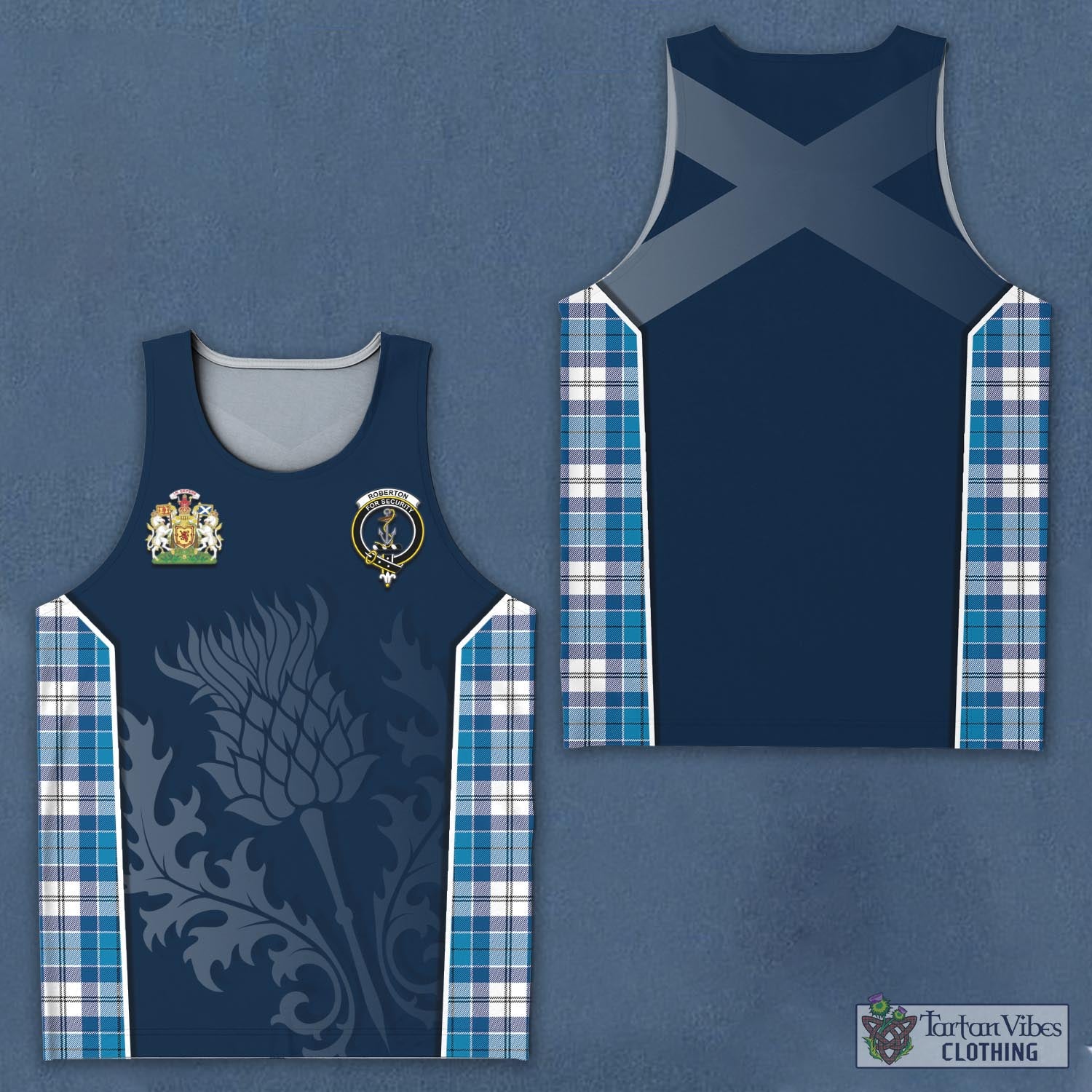 Tartan Vibes Clothing Roberton Tartan Men's Tanks Top with Family Crest and Scottish Thistle Vibes Sport Style