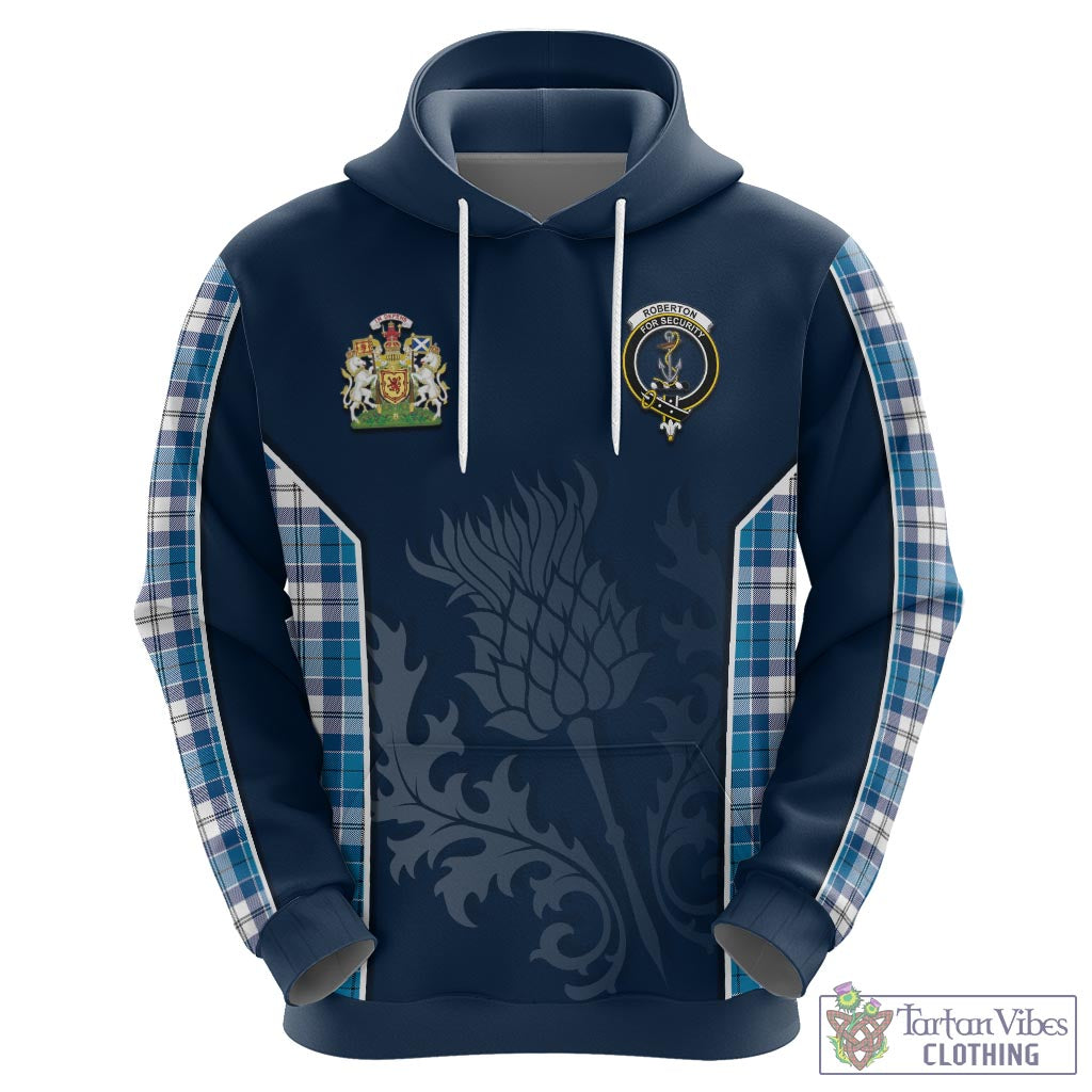 Tartan Vibes Clothing Roberton Tartan Hoodie with Family Crest and Scottish Thistle Vibes Sport Style