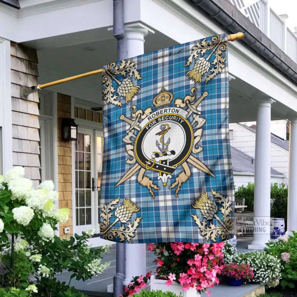 Tartan Vibes Clothing Roberton Tartan Flag with Family Crest and Golden Thistle Crossed Sword Design