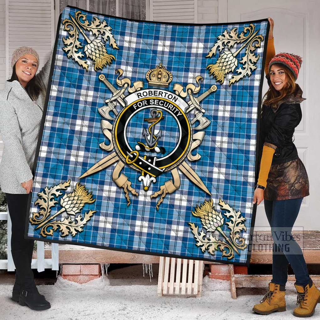 Tartan Vibes Clothing Roberton Tartan Quilt with Family Crest and Scottish Golden Courage Shield