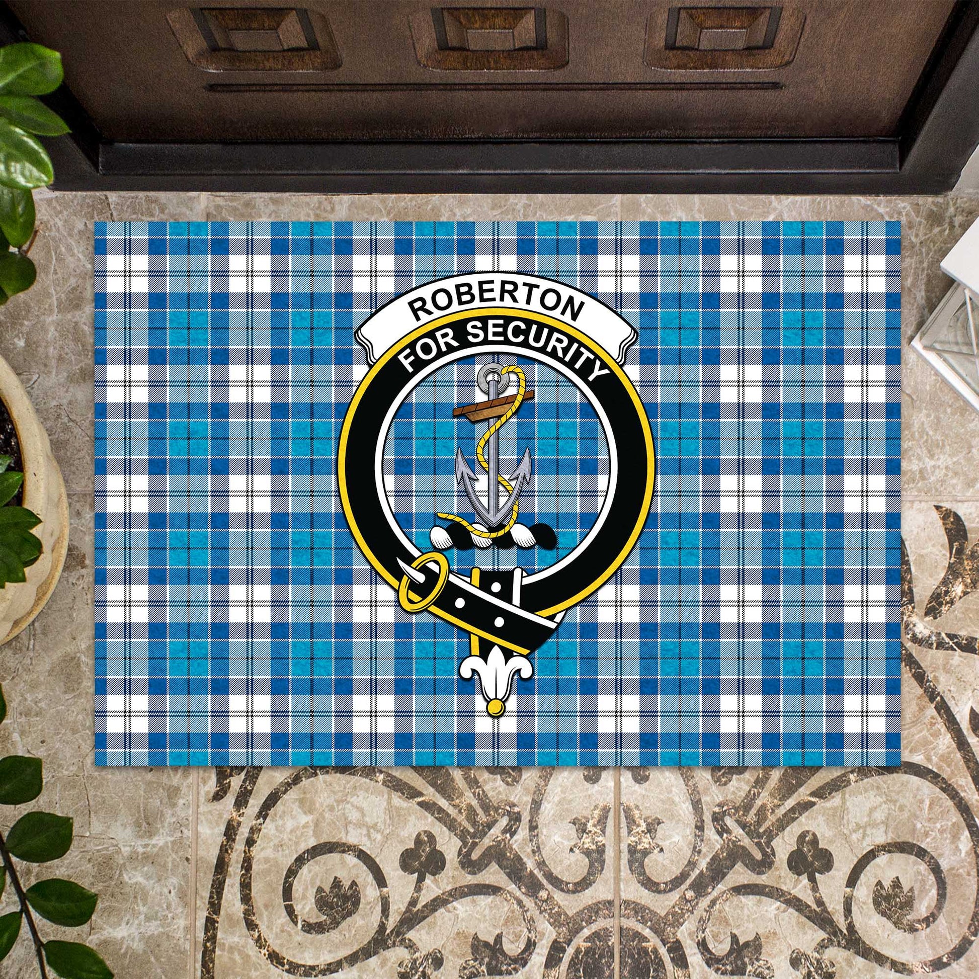 Roberton Tartan Door Mat with Family Crest - Tartanvibesclothing Shop