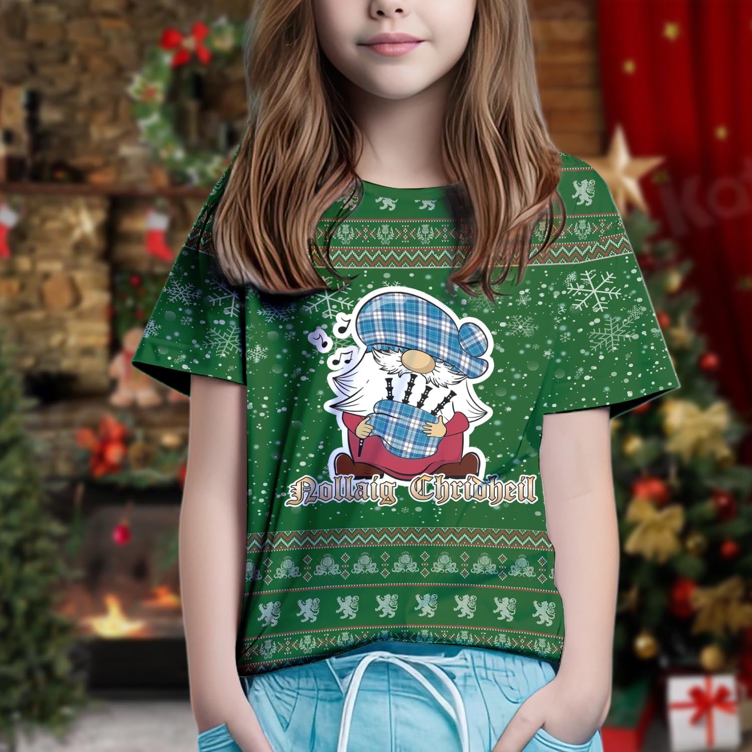 Roberton Clan Christmas Family T-Shirt with Funny Gnome Playing Bagpipes Kid's Shirt Green - Tartanvibesclothing