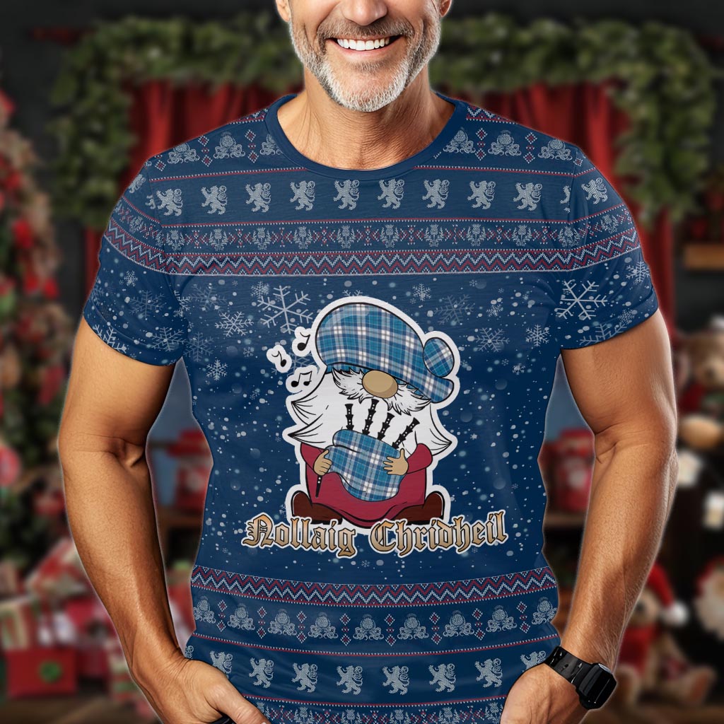 Roberton Clan Christmas Family T-Shirt with Funny Gnome Playing Bagpipes Men's Shirt Blue - Tartanvibesclothing