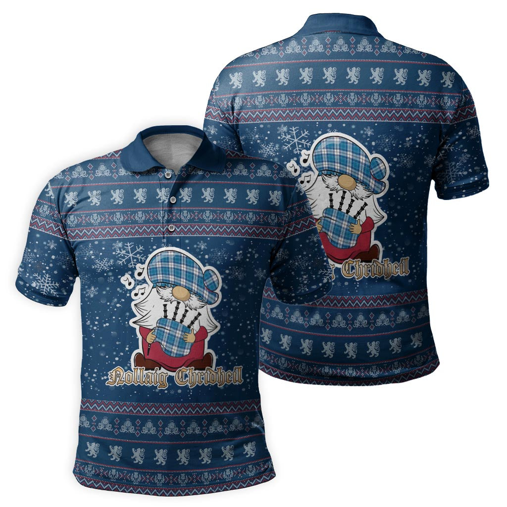 Roberton Clan Christmas Family Polo Shirt with Funny Gnome Playing Bagpipes Men's Polo Shirt Blue - Tartanvibesclothing