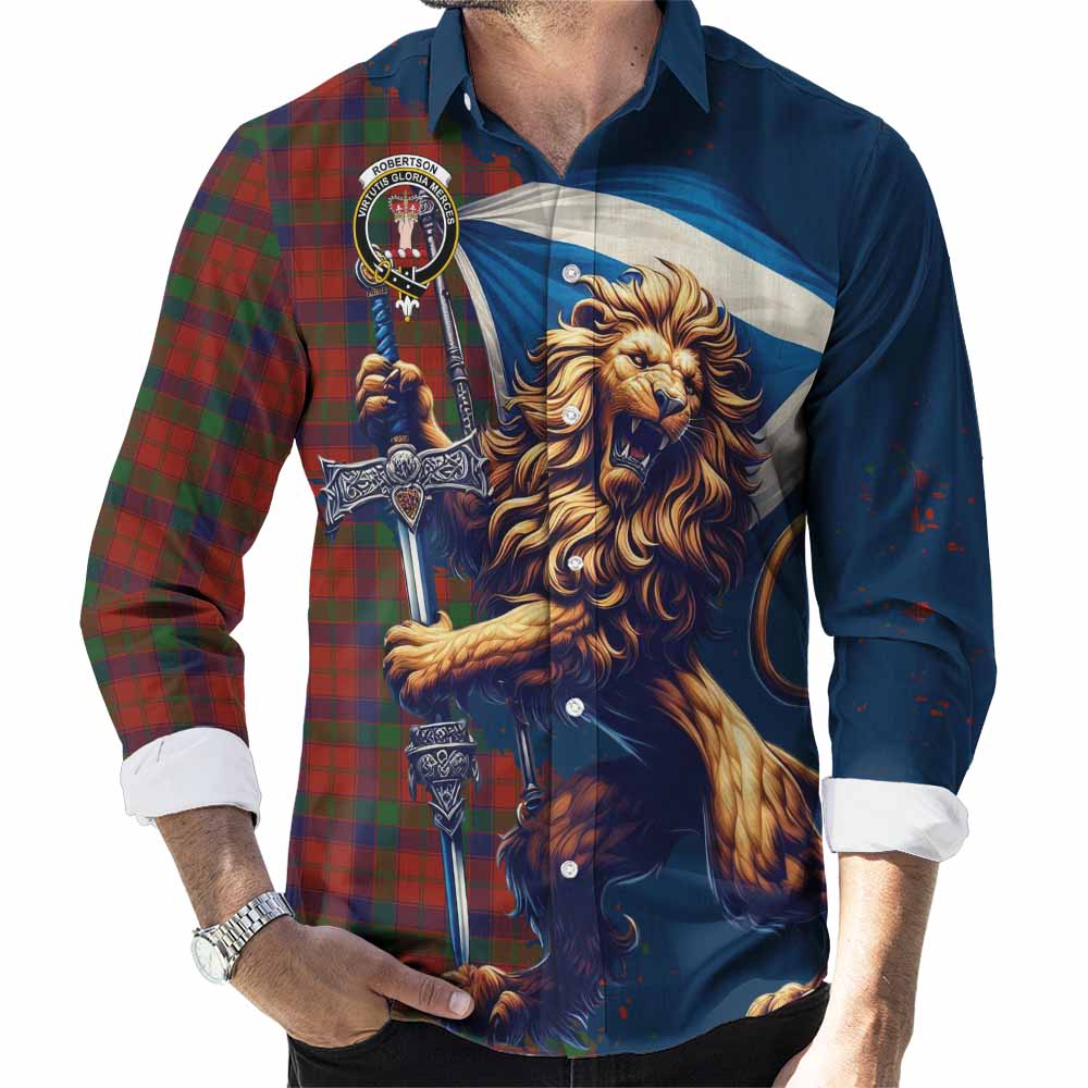 Tartan Vibes Clothing Robertson Tartan Family Crest Long Sleeve Button Shirt with Scottish Majestic Lion