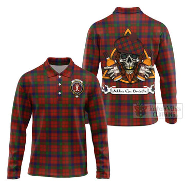 Robertson Tartan Long Sleeve Polo Shirt with Family Crest and Bearded Skull Holding Bottles of Whiskey