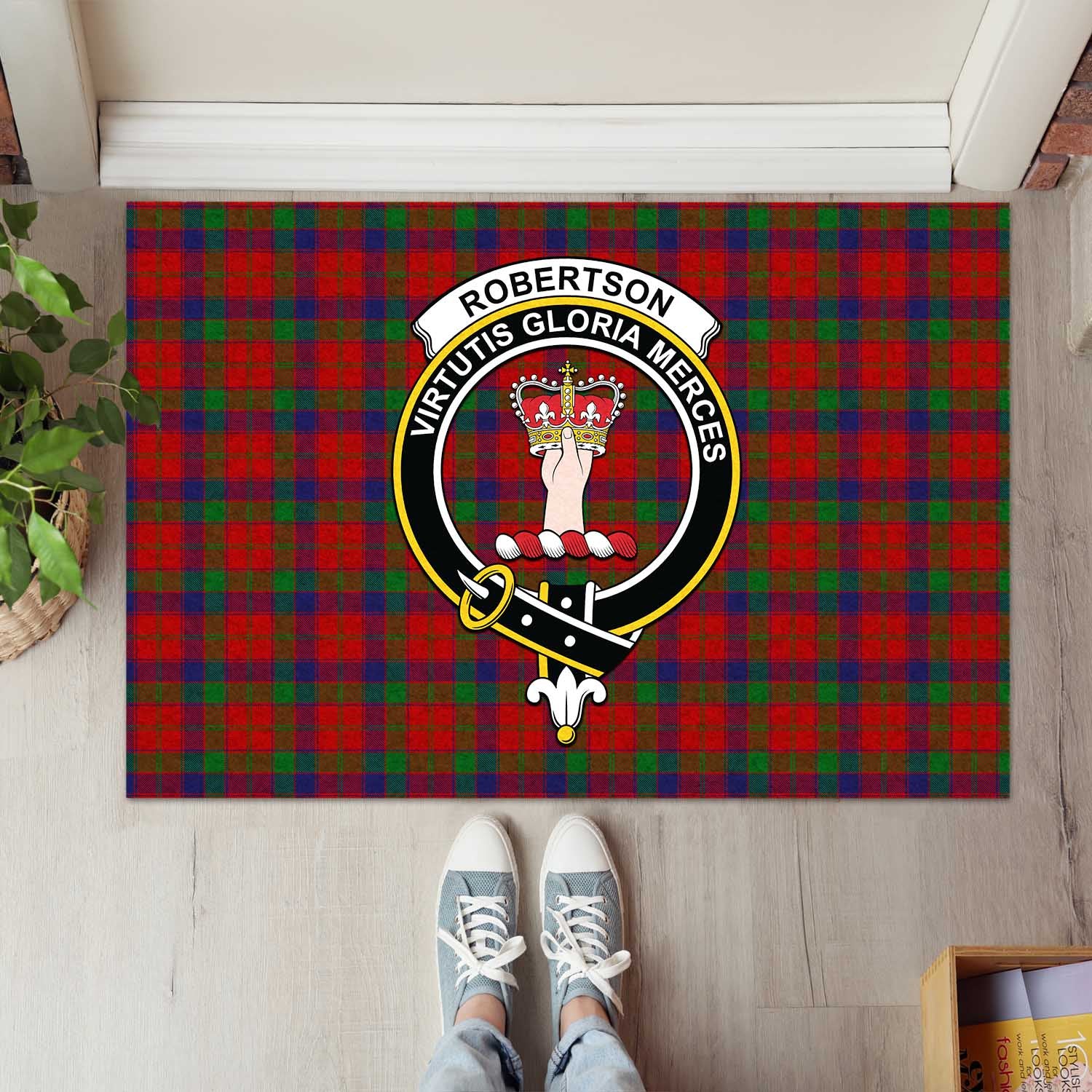 Robertson Tartan Door Mat with Family Crest - Tartanvibesclothing Shop