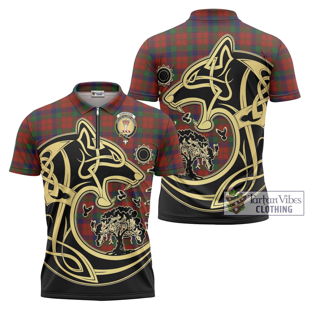 Robertson Tartan Zipper Polo Shirt with Family Crest Celtic Wolf Style Unisex - Tartanvibesclothing Shop