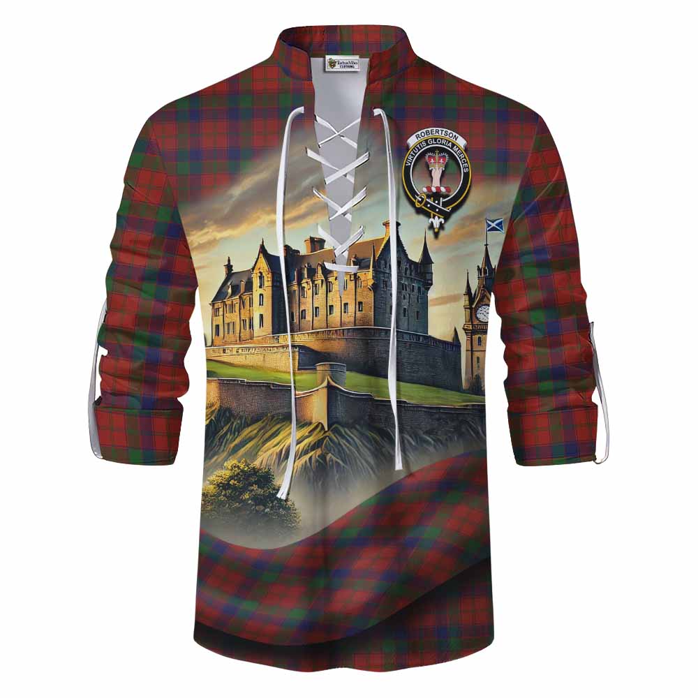 Robertson Tartan Family Crest Ghillie Kilt Shirt with Scottish Ancient Castle Style Men - Tartan Vibes Clothing