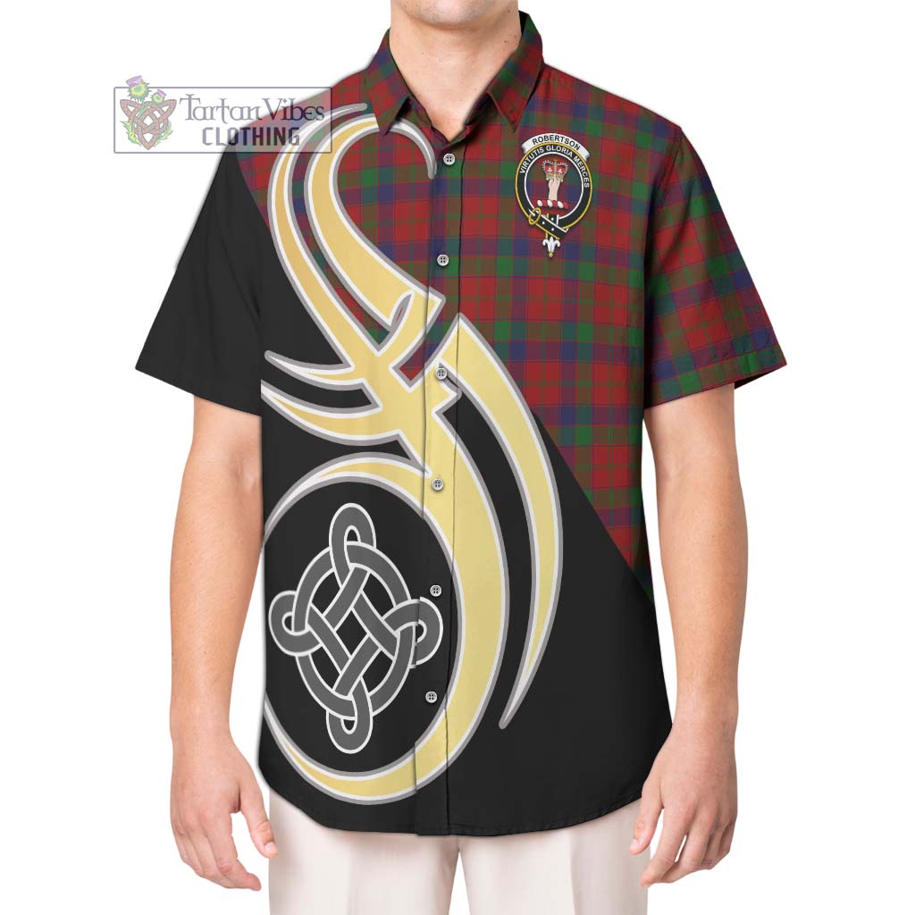 Robertson Tartan Short Sleeve Button Shirt with Family Crest and Celtic Symbol Style Kid - Tartan Vibes Clothing