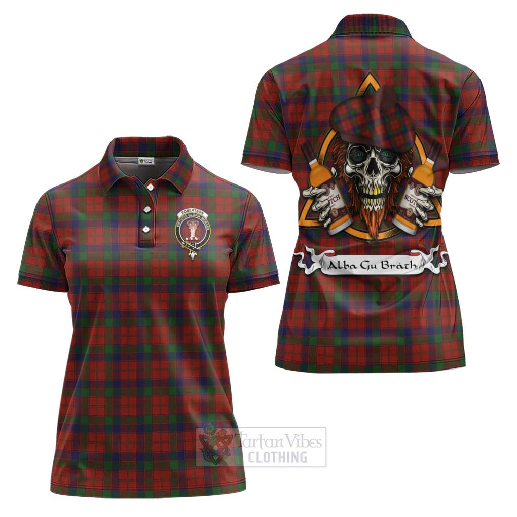 Tartan Vibes Clothing Robertson Tartan Women's Polo Shirt with Family Crest and Bearded Skull Holding Bottles of Whiskey